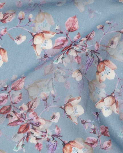 Muted Blue Base Mauve Rose Floral Digital Printed Cotton Lawn Fabric, 110 Cms Width, Made in India-D23638