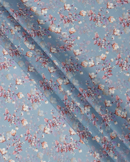 Muted Blue Base Mauve Rose Floral Digital Printed Cotton Lawn Fabric, 110 Cms Width, Made in India-D23638