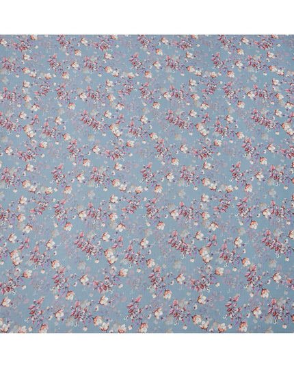 Muted Blue Base Mauve Rose Floral Digital Printed Cotton Lawn Fabric, 110 Cms Width, Made in India-D23638