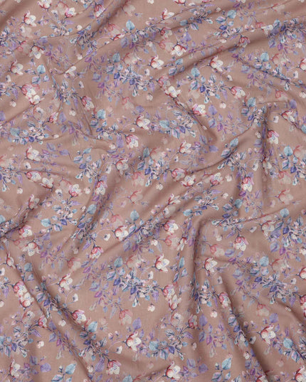 Warm Taupe Base Blue & Purple Floral Digital Printed Cotton Lawn Fabric, 110 Cms Width, Made in India-D23639