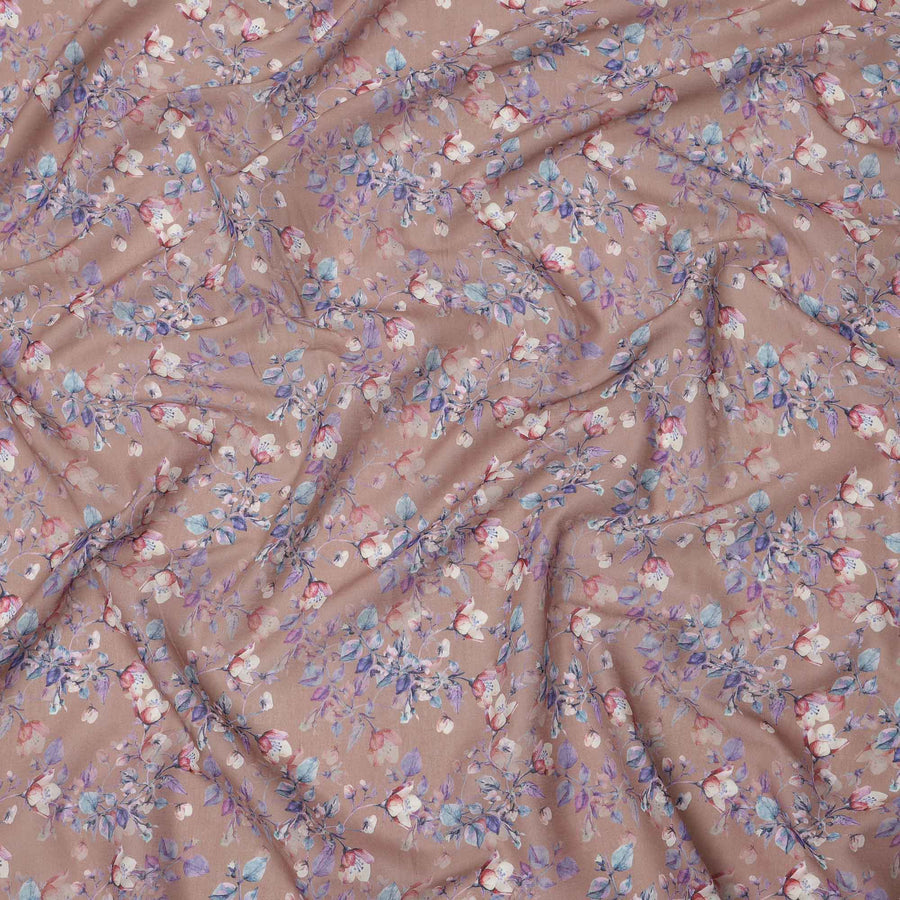 Warm Taupe Base Blue & Purple Floral Digital Printed Cotton Lawn Fabric, 110 Cms Width, Made in India-D23639