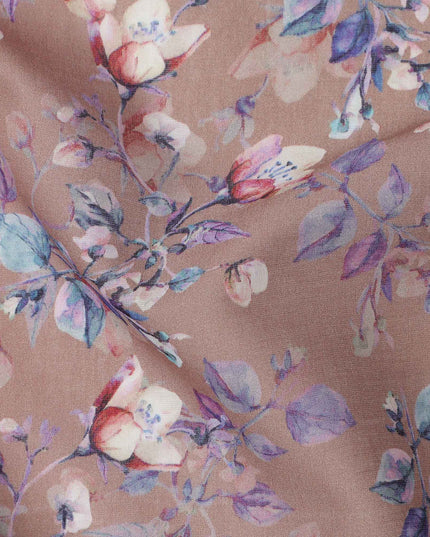Warm Taupe Base Blue & Purple Floral Digital Printed Cotton Lawn Fabric, 110 Cms Width, Made in India-D23639