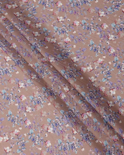 Warm Taupe Base Blue & Purple Floral Digital Printed Cotton Lawn Fabric, 110 Cms Width, Made in India-D23639