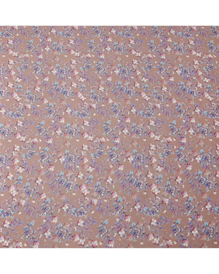 Warm Taupe Base Blue & Purple Floral Digital Printed Cotton Lawn Fabric, 110 Cms Width, Made in India-D23639