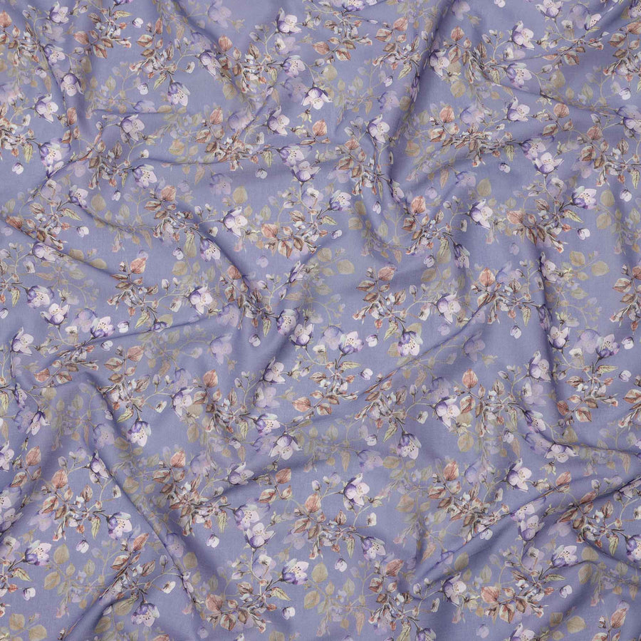 Lavender Blue Base Soft Lilac & Beige Floral Digital Printed Cotton Lawn Fabric, 110 Cms Width, Made in India-D23640