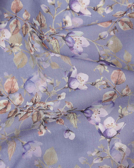 Lavender Blue Base Soft Lilac & Beige Floral Digital Printed Cotton Lawn Fabric, 110 Cms Width, Made in India-D23640