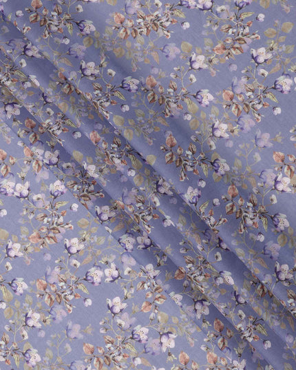 Lavender Blue Base Soft Lilac & Beige Floral Digital Printed Cotton Lawn Fabric, 110 Cms Width, Made in India-D23640