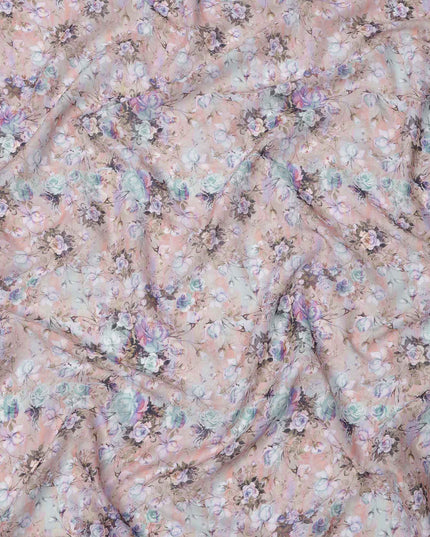 Dusty Pink Base Aqua & Lavender Vintage Rose Floral Printed Cotton Lawn Fabric, 110 Cms Width, Made in India-D23642