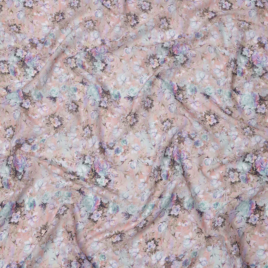 Dusty Pink Base Aqua & Lavender Vintage Rose Floral Printed Cotton Lawn Fabric, 110 Cms Width, Made in India-D23642