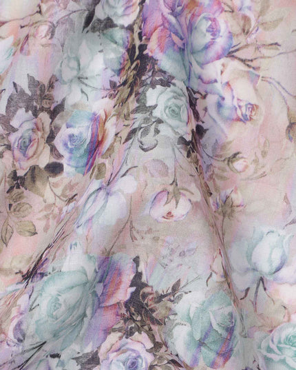 Dusty Pink Base Aqua & Lavender Vintage Rose Floral Printed Cotton Lawn Fabric, 110 Cms Width, Made in India-D23642