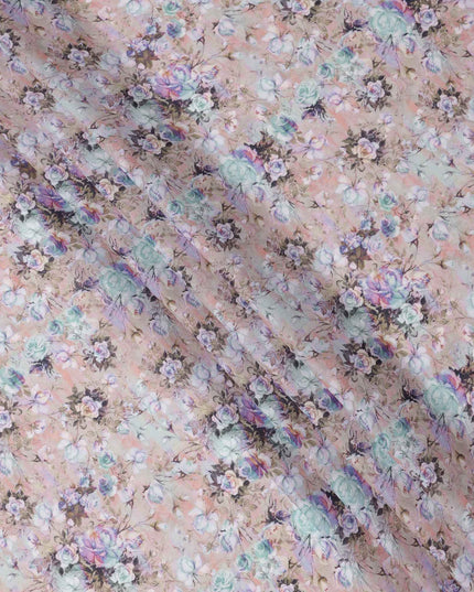 Dusty Pink Base Aqua & Lavender Vintage Rose Floral Printed Cotton Lawn Fabric, 110 Cms Width, Made in India-D23642