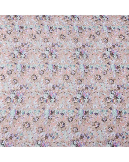 Dusty Pink Base Aqua & Lavender Vintage Rose Floral Printed Cotton Lawn Fabric, 110 Cms Width, Made in India-D23642