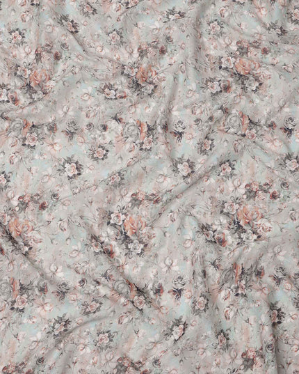 Muted Grey Base Peach & Charcoal Vintage Rose Floral Printed Cotton Lawn Fabric, 110 Cms Width, Made in India-D23643