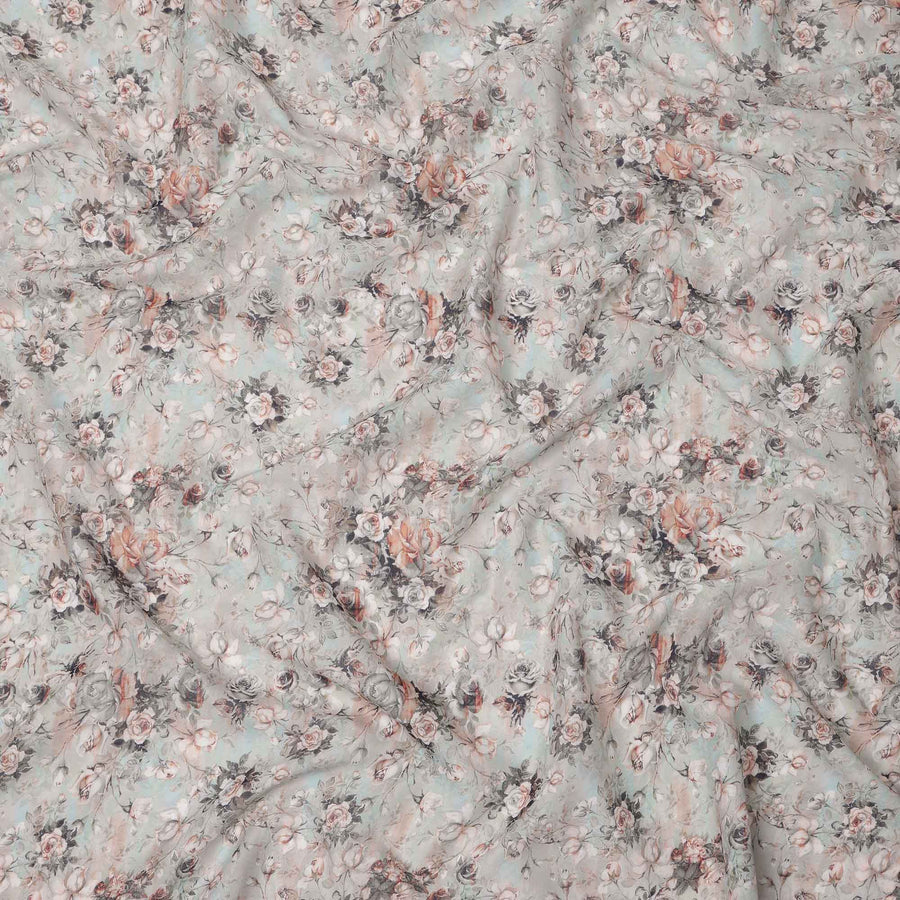 Muted Grey Base Peach & Charcoal Vintage Rose Floral Printed Cotton Lawn Fabric, 110 Cms Width, Made in India-D23643