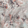 Muted Grey Base Peach & Charcoal Vintage Rose Floral Printed Cotton Lawn Fabric, 110 Cms Width, Made in India-D23643