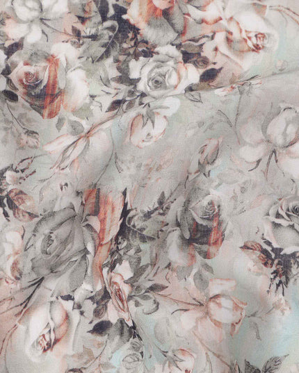 Muted Grey Base Peach & Charcoal Vintage Rose Floral Printed Cotton Lawn Fabric, 110 Cms Width, Made in India-D23643