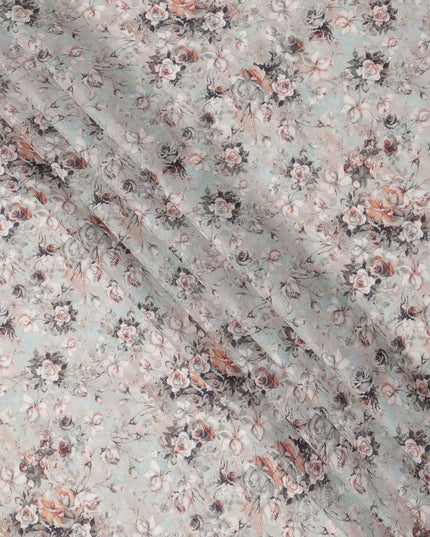 Muted Grey Base Peach & Charcoal Vintage Rose Floral Printed Cotton Lawn Fabric, 110 Cms Width, Made in India-D23643