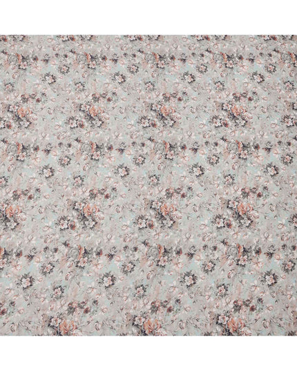 Muted Grey Base Peach & Charcoal Vintage Rose Floral Printed Cotton Lawn Fabric, 110 Cms Width, Made in India-D23643
