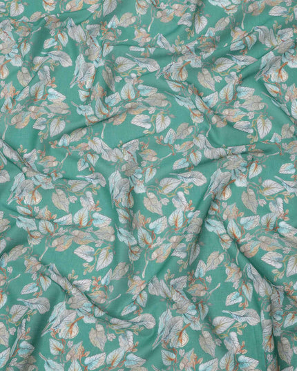 Emerald Green Base Botanical Leaf Printed Cotton Lawn Fabric, 110 Cms Width, Made in India-D23644