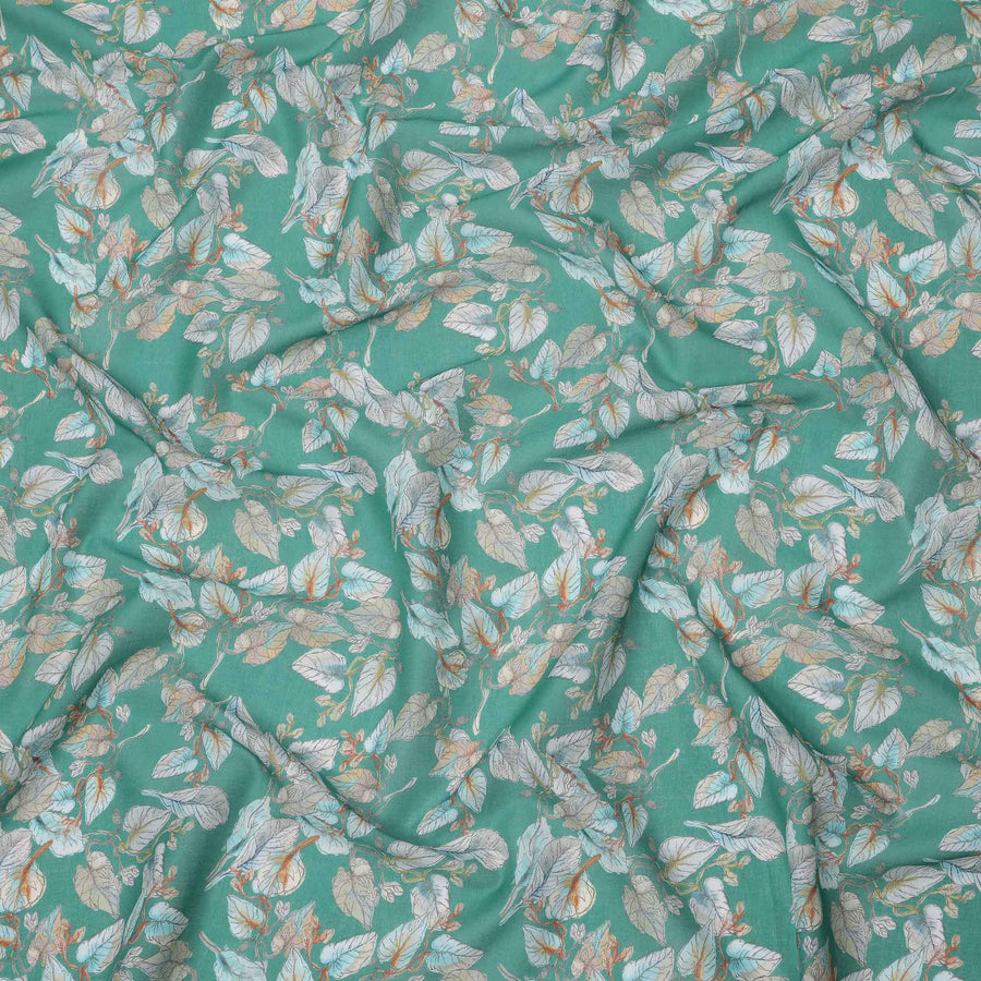 Emerald Green Base Botanical Leaf Printed Cotton Lawn Fabric, 110 Cms Width, Made in India-D23644