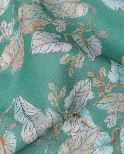 Emerald Green Base Botanical Leaf Printed Cotton Lawn Fabric, 110 Cms Width, Made in India-D23644