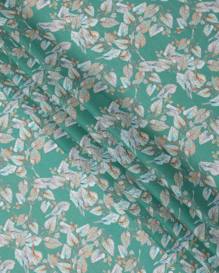 Emerald Green Base Botanical Leaf Printed Cotton Lawn Fabric, 110 Cms Width, Made in India-D23644