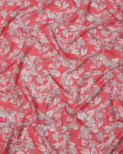 Coral Pink Base Ivory & Blush Botanical Leaf Printed Cotton Lawn Fabric, 110 Cms Width, Made in India-D23645