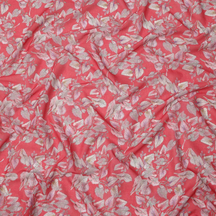 Coral Pink Base Ivory & Blush Botanical Leaf Printed Cotton Lawn Fabric, 110 Cms Width, Made in India-D23645