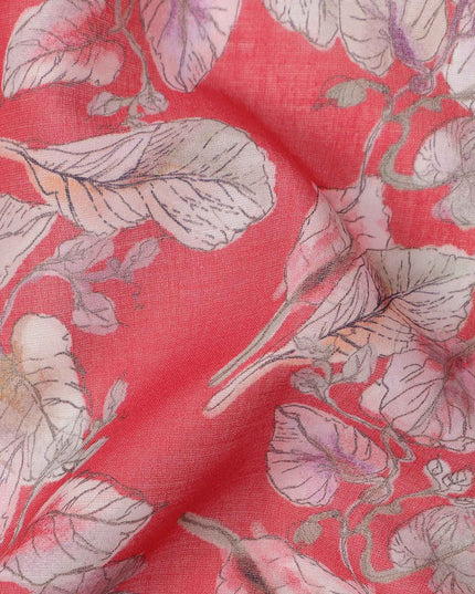 Coral Pink Base Ivory & Blush Botanical Leaf Printed Cotton Lawn Fabric, 110 Cms Width, Made in India-D23645