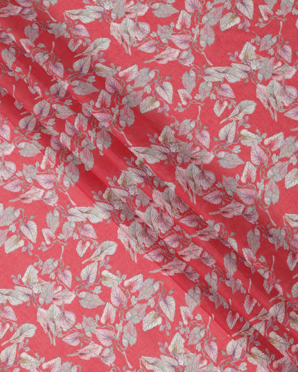 Coral Pink Base Ivory & Blush Botanical Leaf Printed Cotton Lawn Fabric, 110 Cms Width, Made in India-D23645