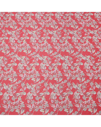 Coral Pink Base Ivory & Blush Botanical Leaf Printed Cotton Lawn Fabric, 110 Cms Width, Made in India-D23645