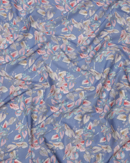 Dusty Blue Base Multicolor Botanical Leaf Printed Cotton Lawn Fabric, 110 Cms Width, Made in India-D23646