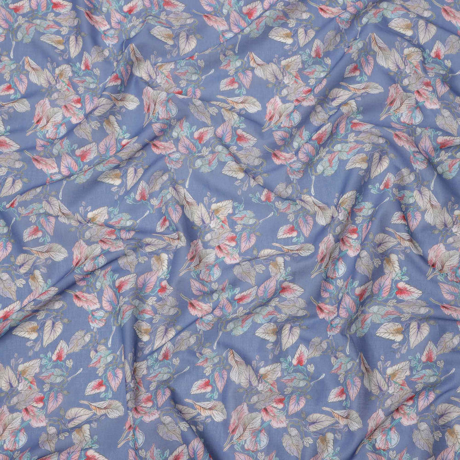 Dusty Blue Base Multicolor Botanical Leaf Printed Cotton Lawn Fabric, 110 Cms Width, Made in India-D23646
