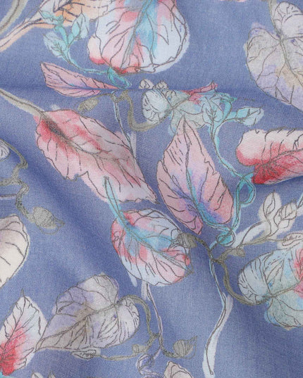 Dusty Blue Base Multicolor Botanical Leaf Printed Cotton Lawn Fabric, 110 Cms Width, Made in India-D23646