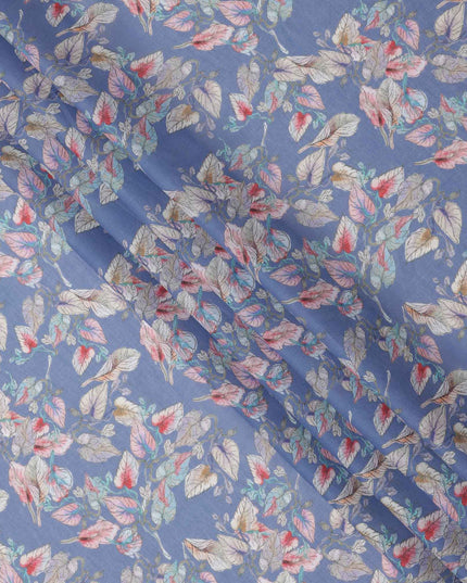 Dusty Blue Base Multicolor Botanical Leaf Printed Cotton Lawn Fabric, 110 Cms Width, Made in India-D23646