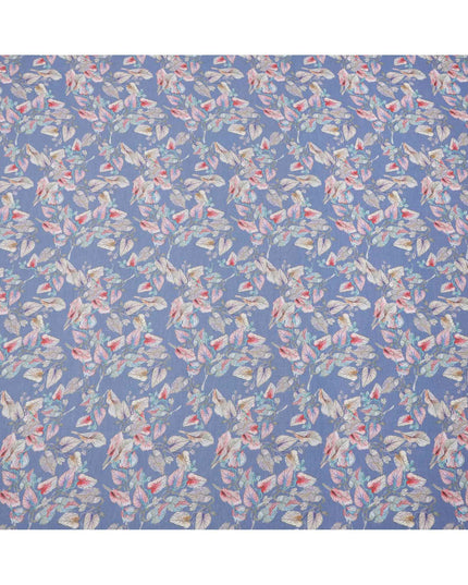 Dusty Blue Base Multicolor Botanical Leaf Printed Cotton Lawn Fabric, 110 Cms Width, Made in India-D23646