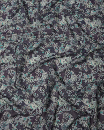 Charcoal Grey Base Teal & Ivory Ornamental Floral Printed Cotton Lawn Fabric, 110 Cms Width, Made in India-D23647
