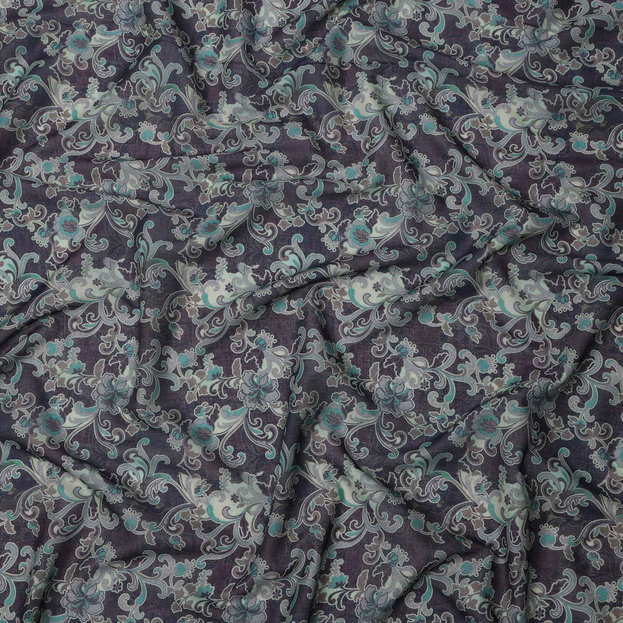 Charcoal Grey Base Teal & Ivory Ornamental Floral Printed Cotton Lawn Fabric, 110 Cms Width, Made in India-D23647