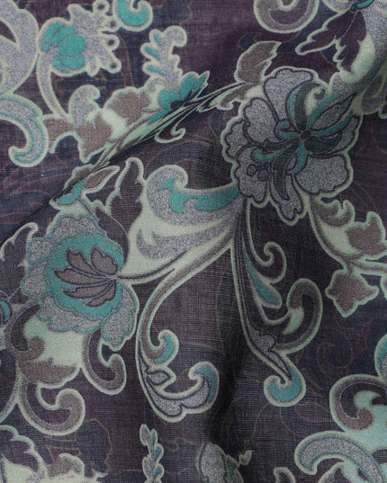 Charcoal Grey Base Teal & Ivory Ornamental Floral Printed Cotton Lawn Fabric, 110 Cms Width, Made in India-D23647