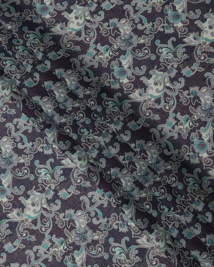 Charcoal Grey Base Teal & Ivory Ornamental Floral Printed Cotton Lawn Fabric, 110 Cms Width, Made in India-D23647