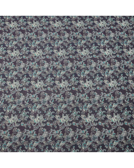 Charcoal Grey Base Teal & Ivory Ornamental Floral Printed Cotton Lawn Fabric, 110 Cms Width, Made in India-D23647