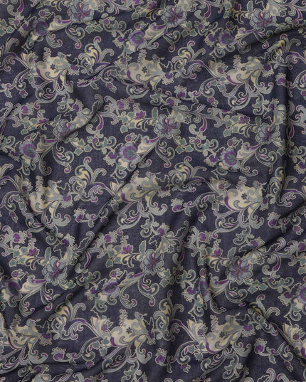 Deep Plum Base Beige & Lavender Ornamental Floral Printed Cotton Lawn Fabric, 110 Cms Width, Made in India-D23648