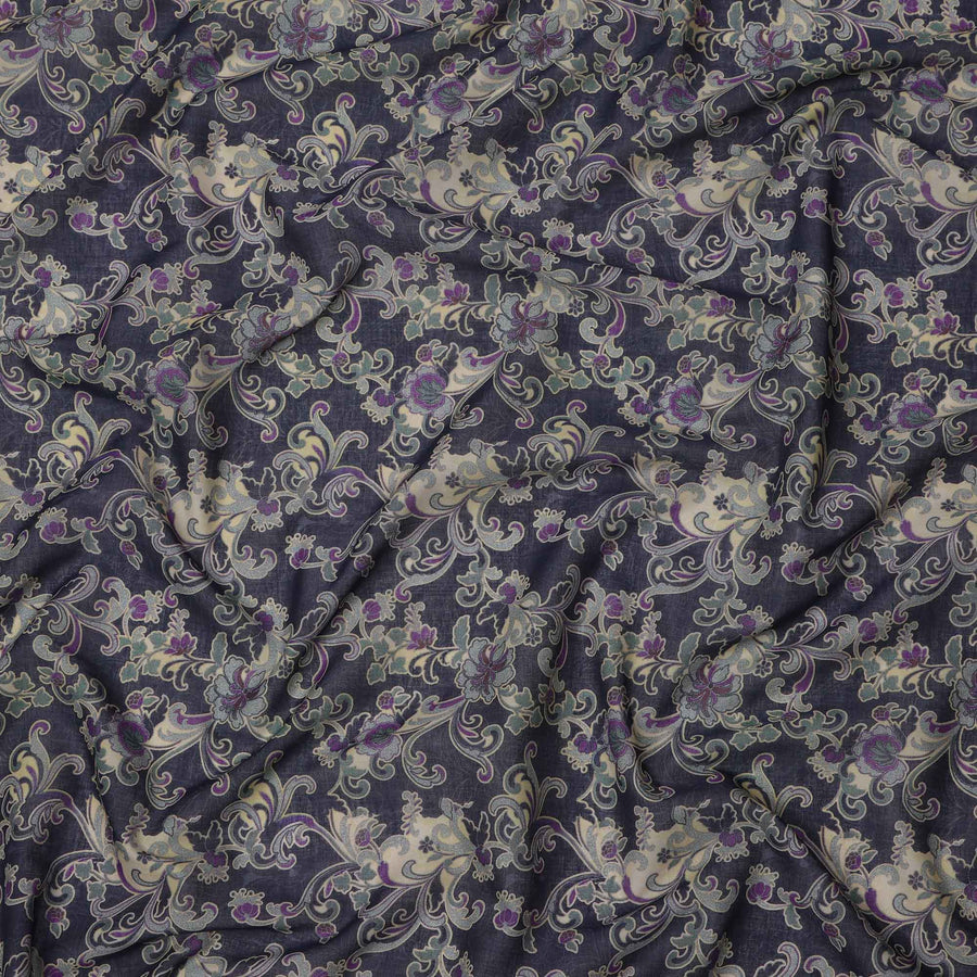 Deep Plum Base Beige & Lavender Ornamental Floral Printed Cotton Lawn Fabric, 110 Cms Width, Made in India-D23648