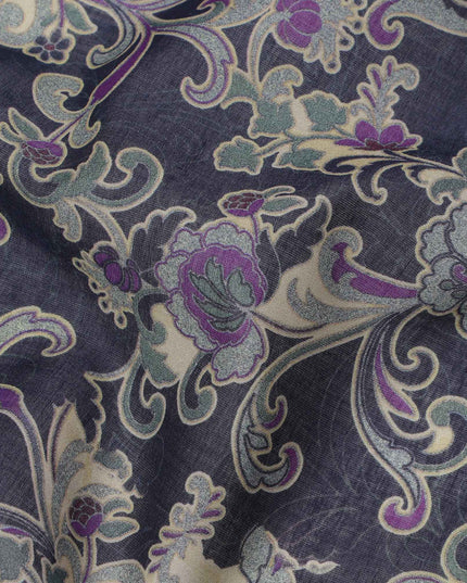 Deep Plum Base Beige & Lavender Ornamental Floral Printed Cotton Lawn Fabric, 110 Cms Width, Made in India-D23648