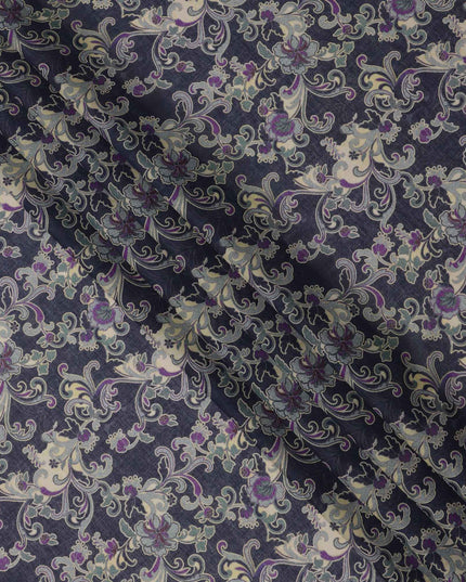 Deep Plum Base Beige & Lavender Ornamental Floral Printed Cotton Lawn Fabric, 110 Cms Width, Made in India-D23648