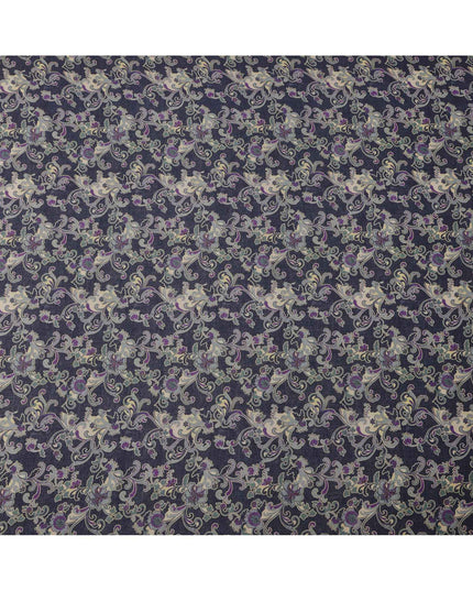 Deep Plum Base Beige & Lavender Ornamental Floral Printed Cotton Lawn Fabric, 110 Cms Width, Made in India-D23648
