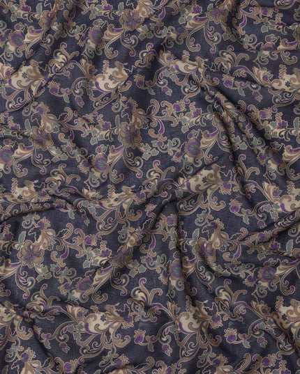 Charcoal Black Base Beige & Purple Ornamental Floral Printed Cotton Lawn Fabric, 110 Cms Width, Made in India-D23649
