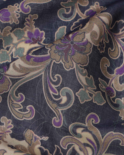 Charcoal Black Base Beige & Purple Ornamental Floral Printed Cotton Lawn Fabric, 110 Cms Width, Made in India-D23649