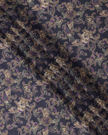 Charcoal Black Base Beige & Purple Ornamental Floral Printed Cotton Lawn Fabric, 110 Cms Width, Made in India-D23649