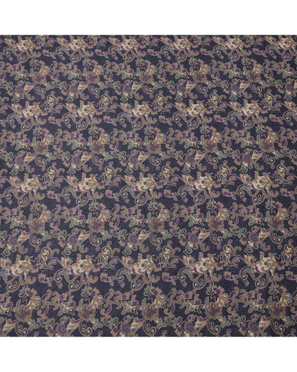 Charcoal Black Base Beige & Purple Ornamental Floral Printed Cotton Lawn Fabric, 110 Cms Width, Made in India-D23649